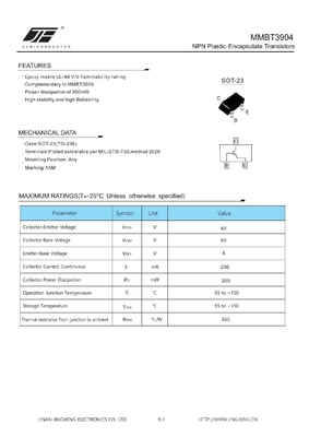 MMBT3904 200mW NPN Transistores plásticos encapsulados sem luz e pacote SOT-23
